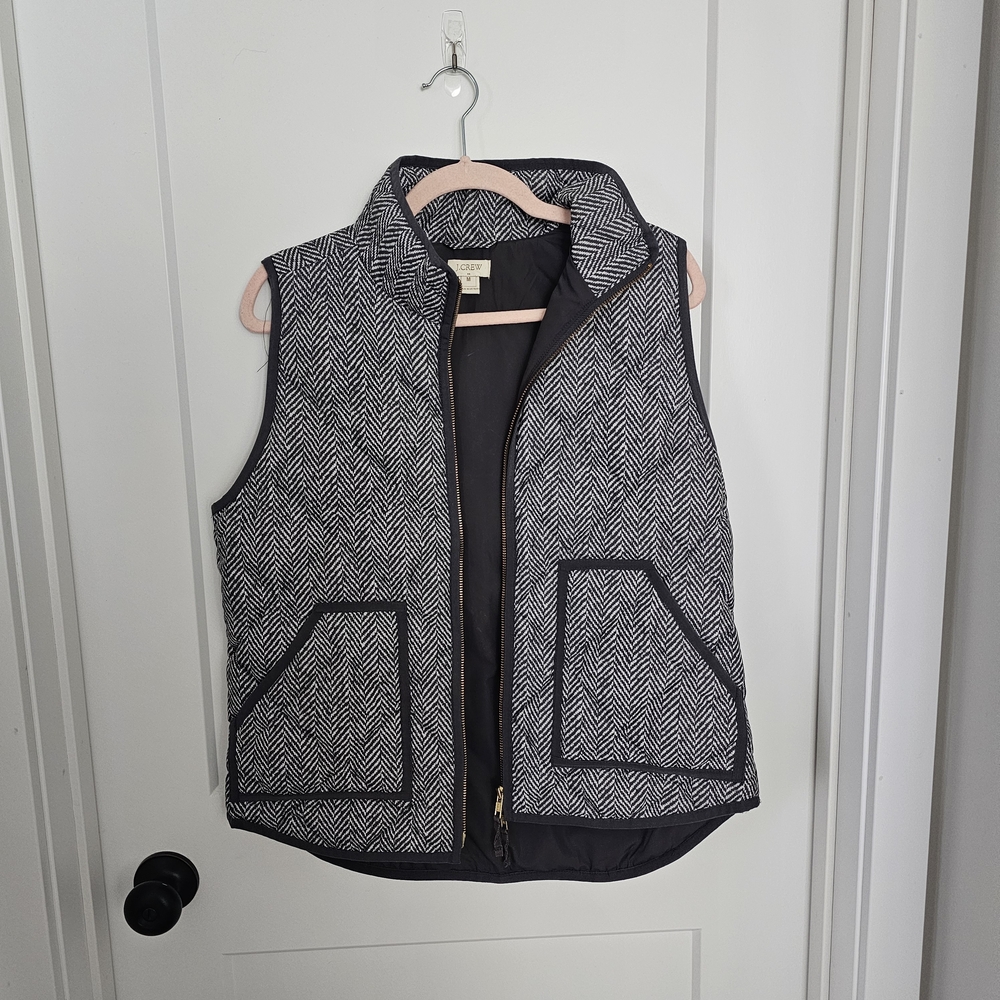 J. Crew Gray and White Herringbone Zip-Front Vest